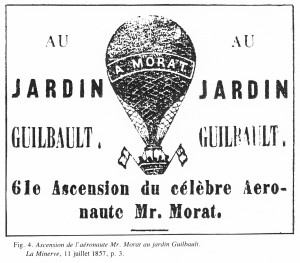 Publicité du Jardin Guilbault pour l'aéronaute français Morat. La Minerve, 11 juillet 1857